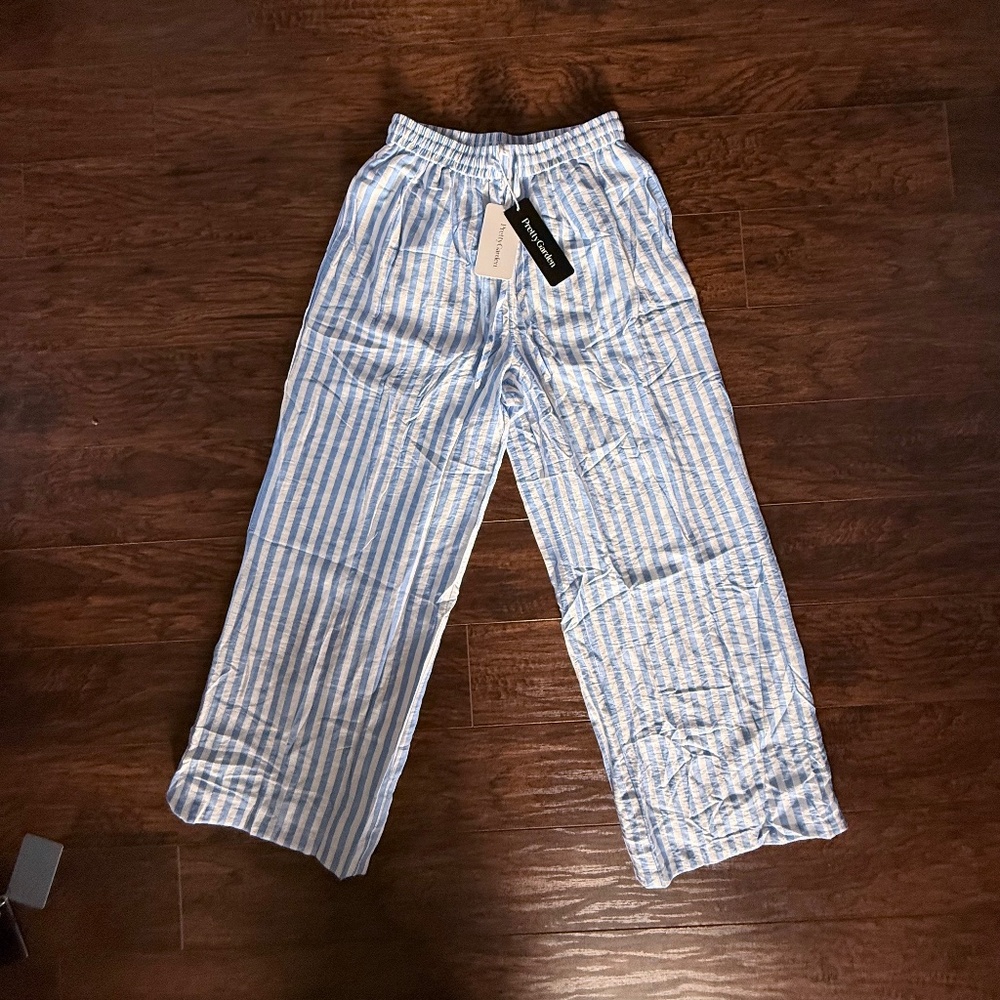 PrettyGarden Blue White Striped Pull On Pants Lined Size Small NWT Flowy